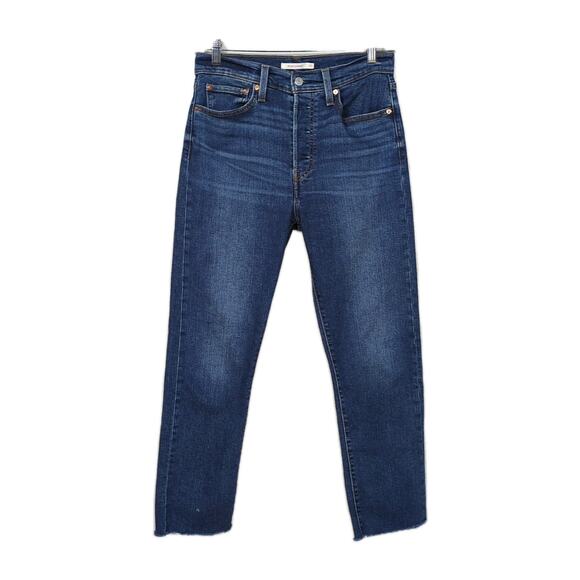 LEVI'S Wedgie Straight Dark Wash Stretch Denim Button Fly Raw Hem Women's 30 - Picture 1 of 4